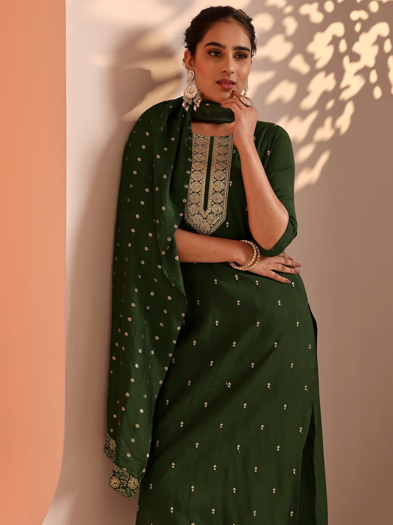 Libas Olive Embroidered Silk Blend Straight Suit Set With Dupatta