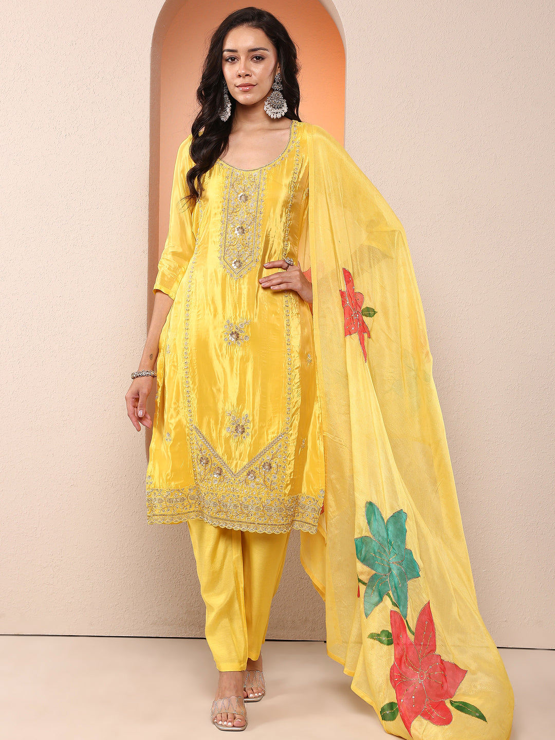  Libas Art Yellow Embroidered Crepe Straight Suit Set With Dupatta 