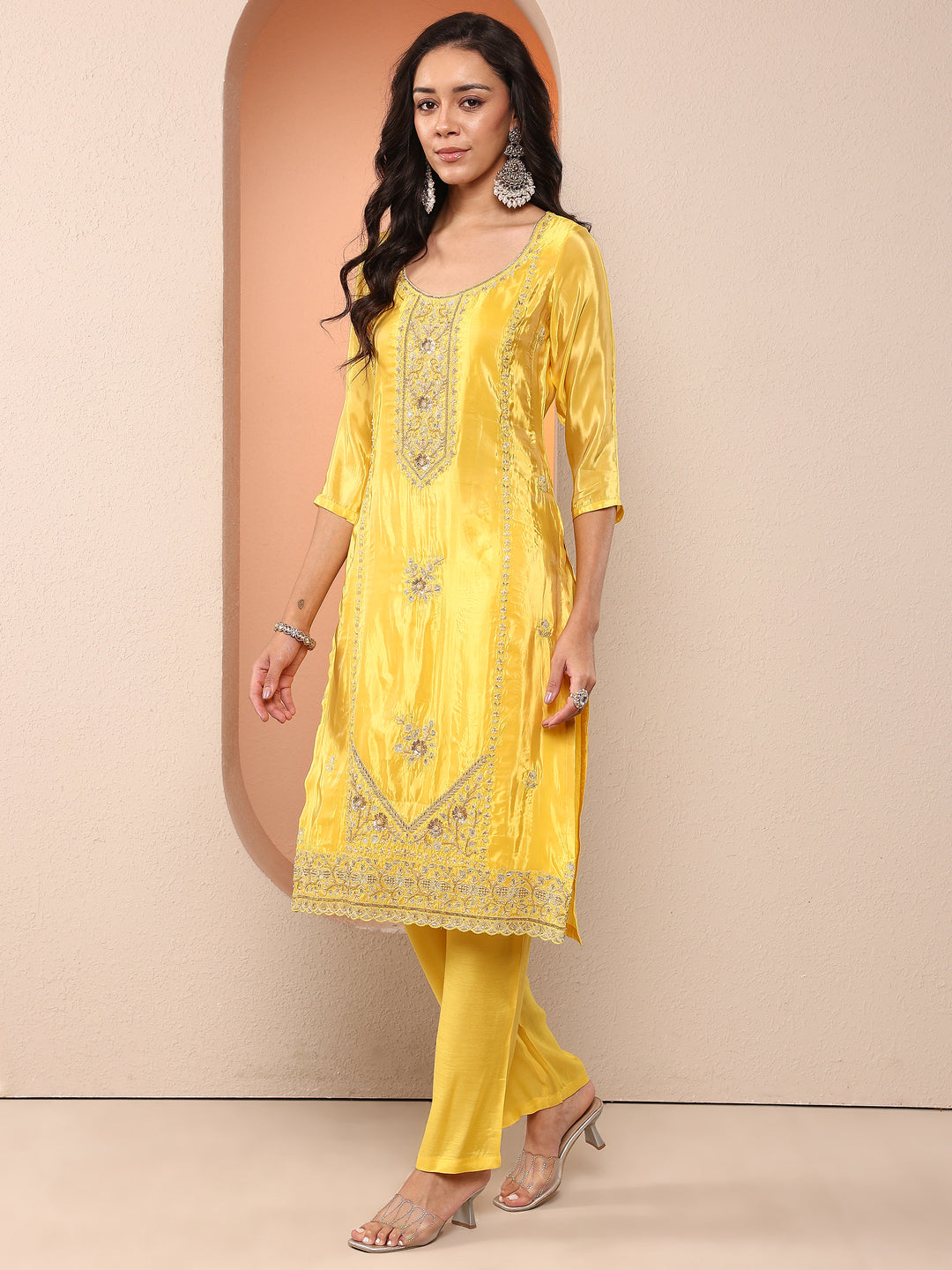  Libas Art Yellow Embroidered Crepe Straight Suit Set With Dupatta 