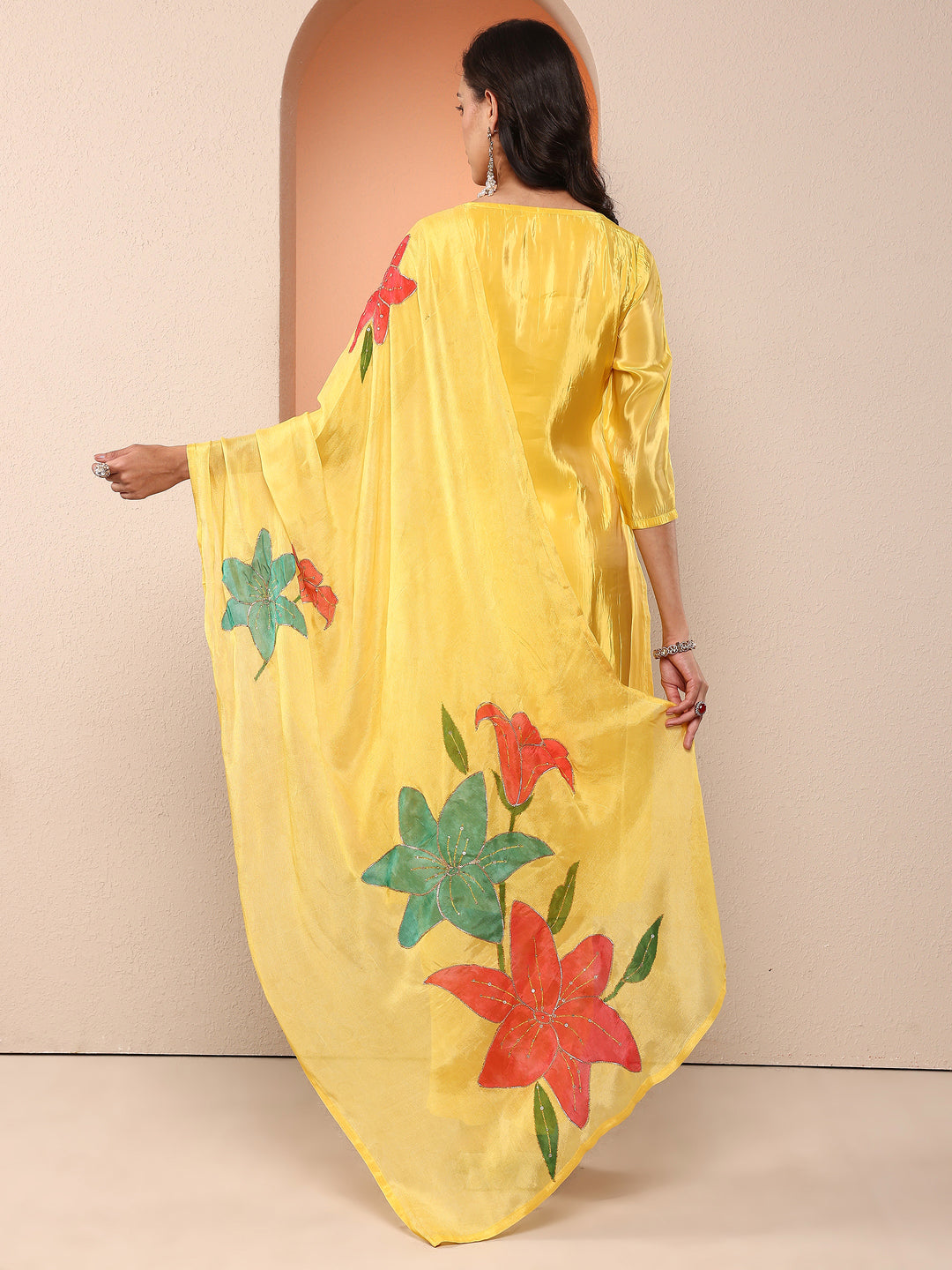  Libas Art Yellow Embroidered Crepe Straight Suit Set With Dupatta 