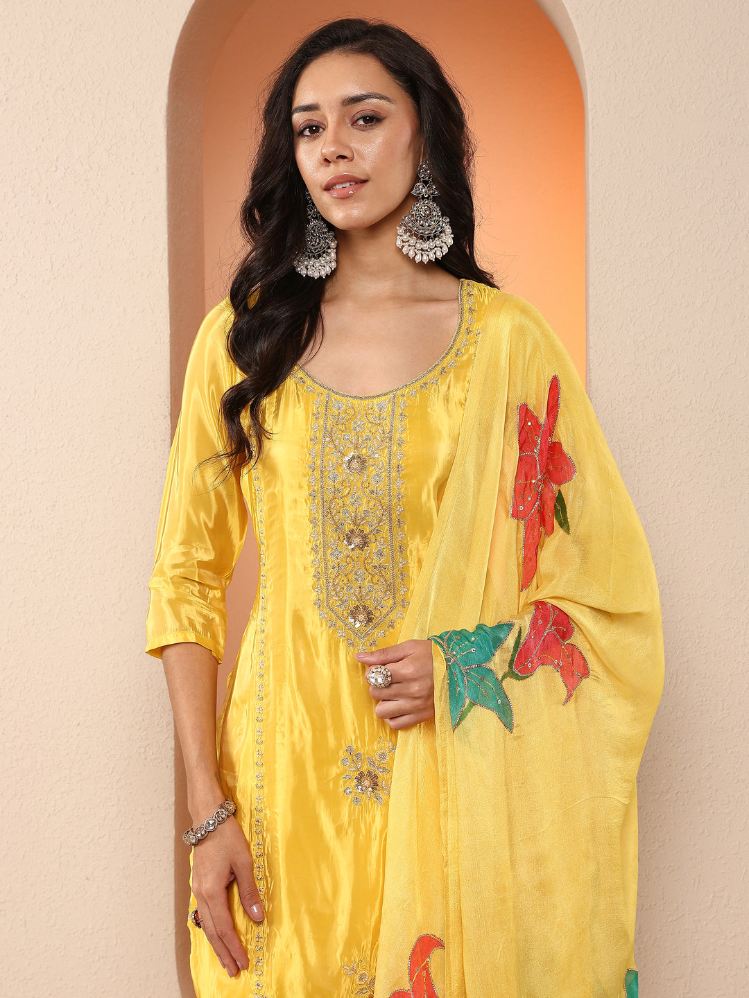  Libas Art Yellow Embroidered Crepe Straight Suit Set With Dupatta 