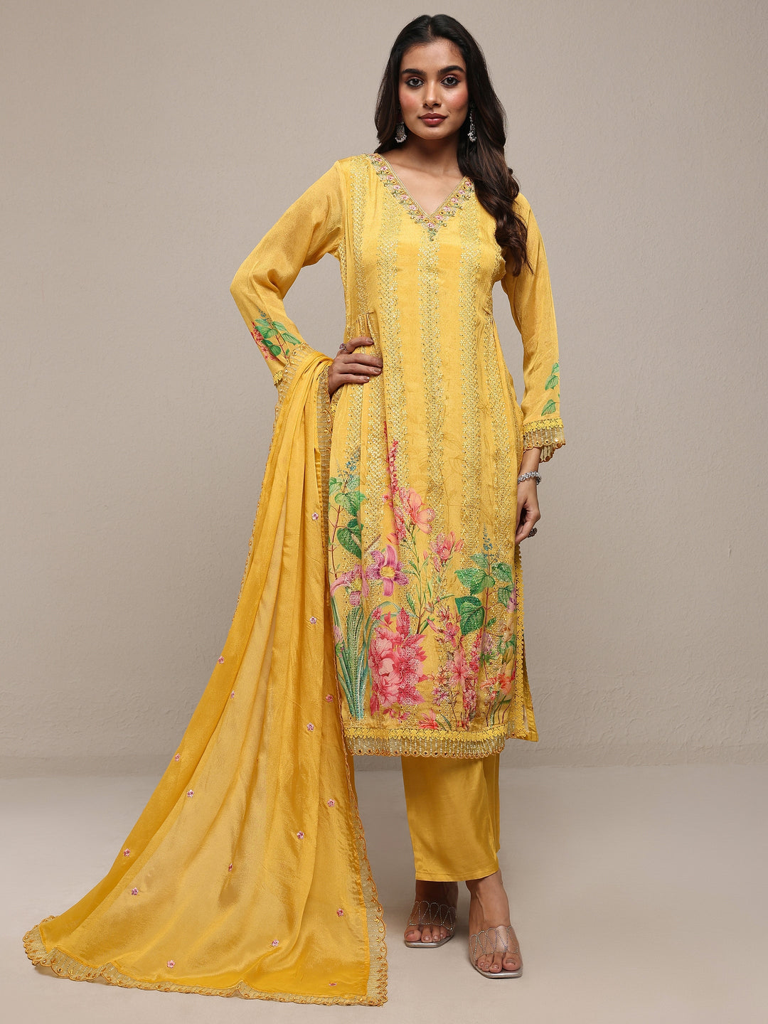  Mustard Printed Chinon Straight Suit Set With Dupatta 