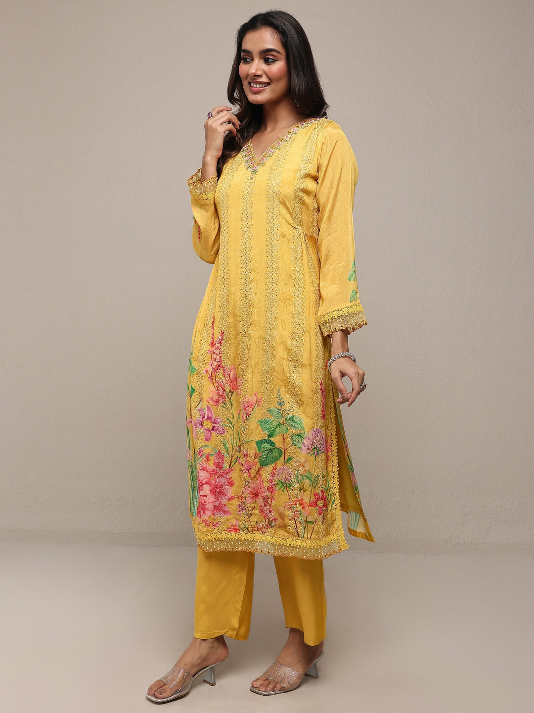  Mustard Printed Chinon Straight Suit Set With Dupatta 