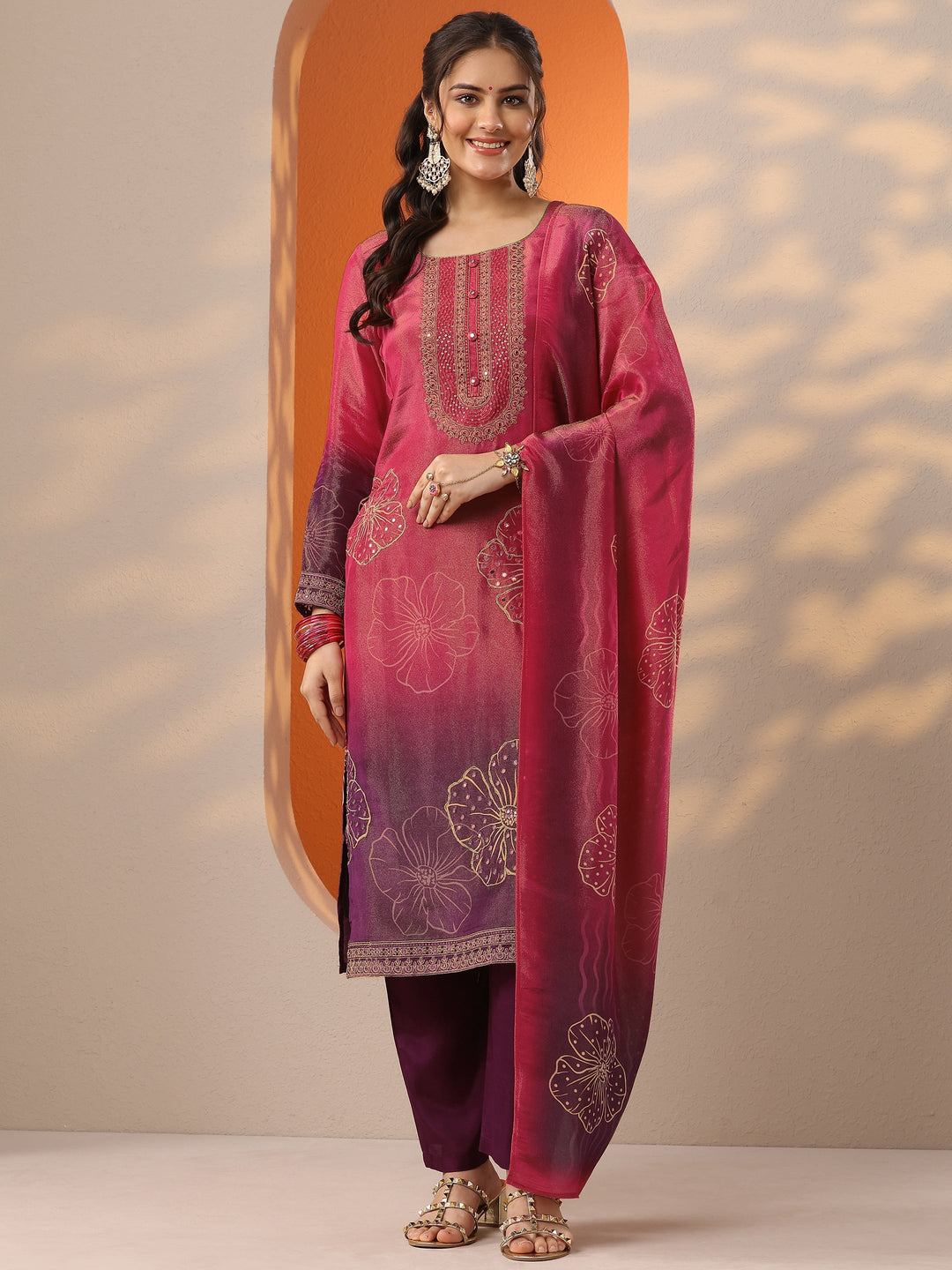  Libas Art Pink Printed Silk Blend Straight Suit Set With Dupatta 