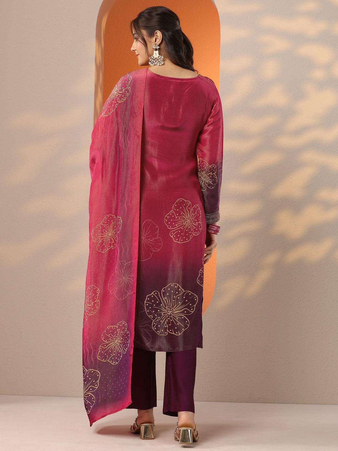 Libas Art Pink Printed Silk Blend Straight Suit Set With Dupatta 
