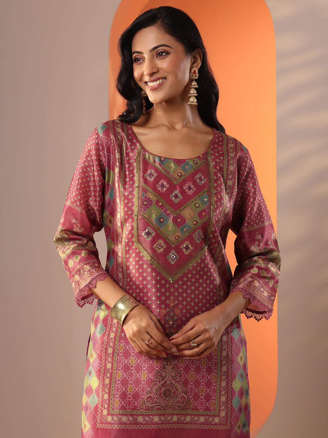  Pink Embellished Silk Blend Straight Suit Set With Dupatta 