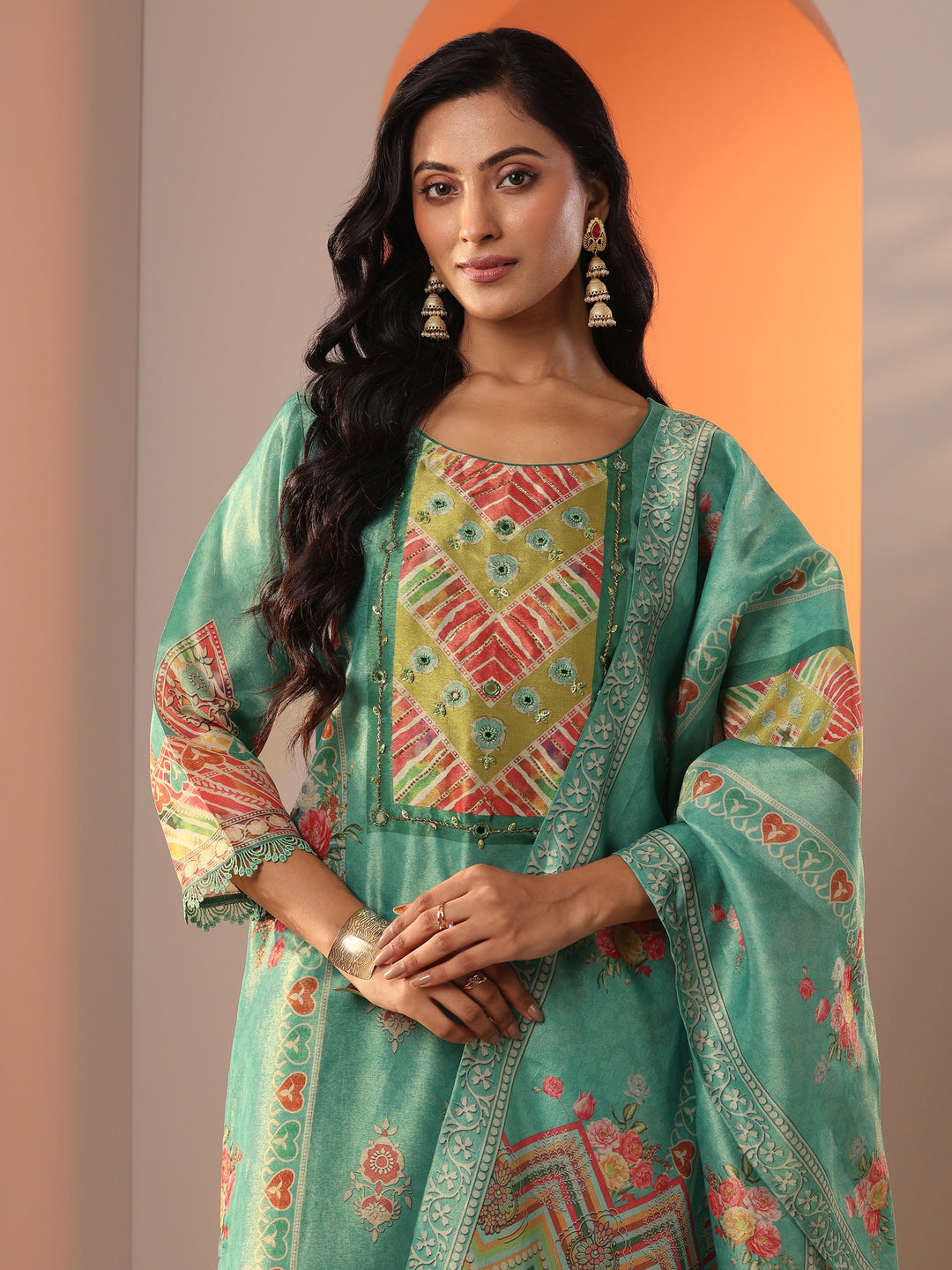  Green Embellished Silk Blend Straight Suit Set With Dupatta 