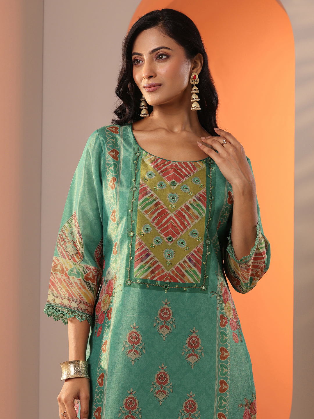  Green Embellished Silk Blend Straight Suit Set With Dupatta 