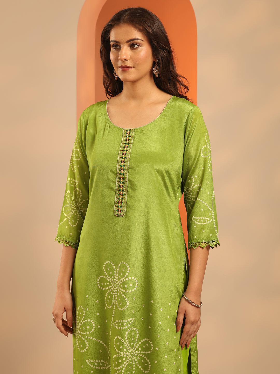  Green Printed Chinon Straight Suit Set With Dupatta 