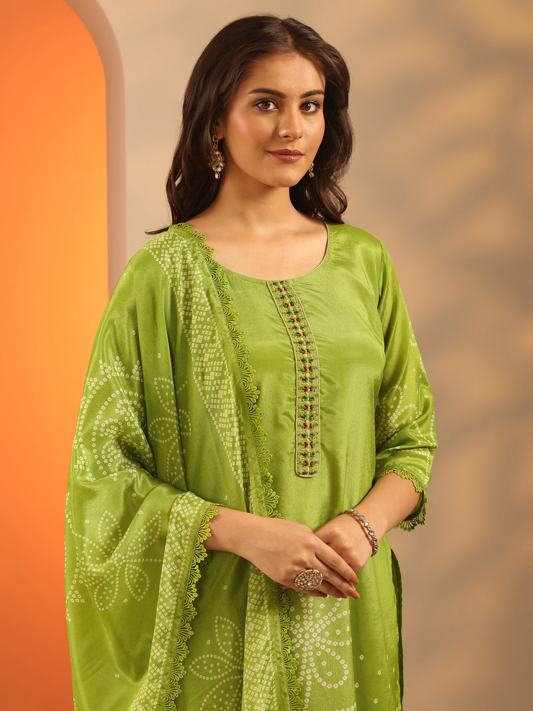  Green Printed Chinon Straight Suit Set With Dupatta 