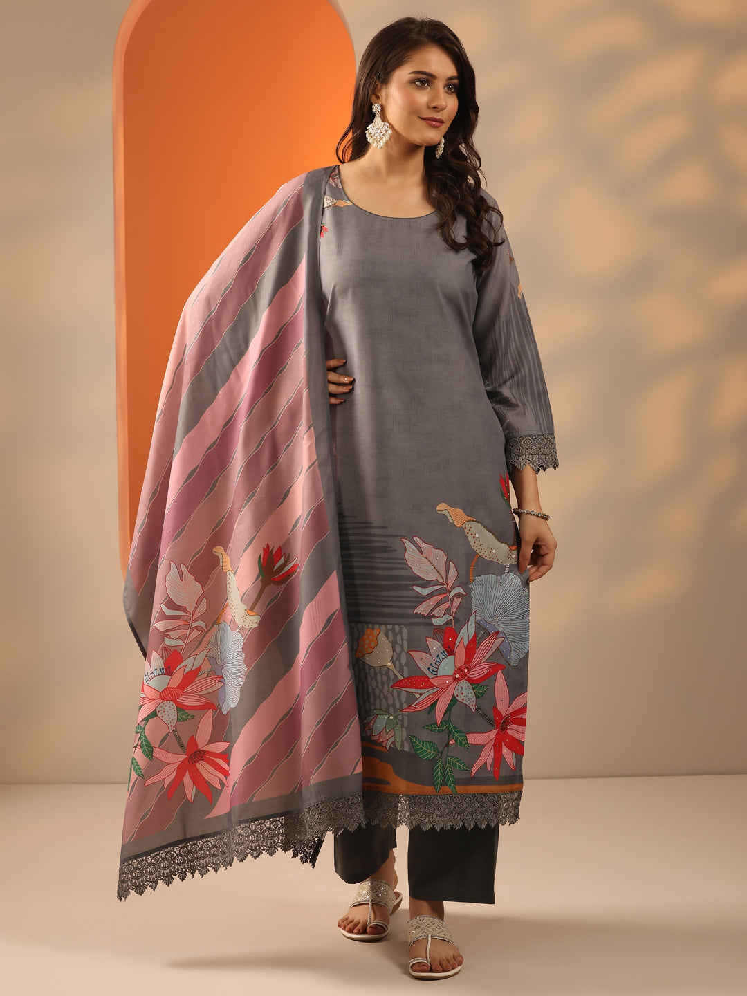  Grey Embroidered Crepe Straight Suit Set With Dupatta 