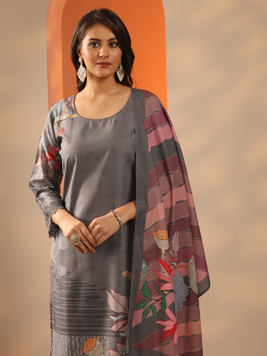  Grey Embroidered Crepe Straight Suit Set With Dupatta 