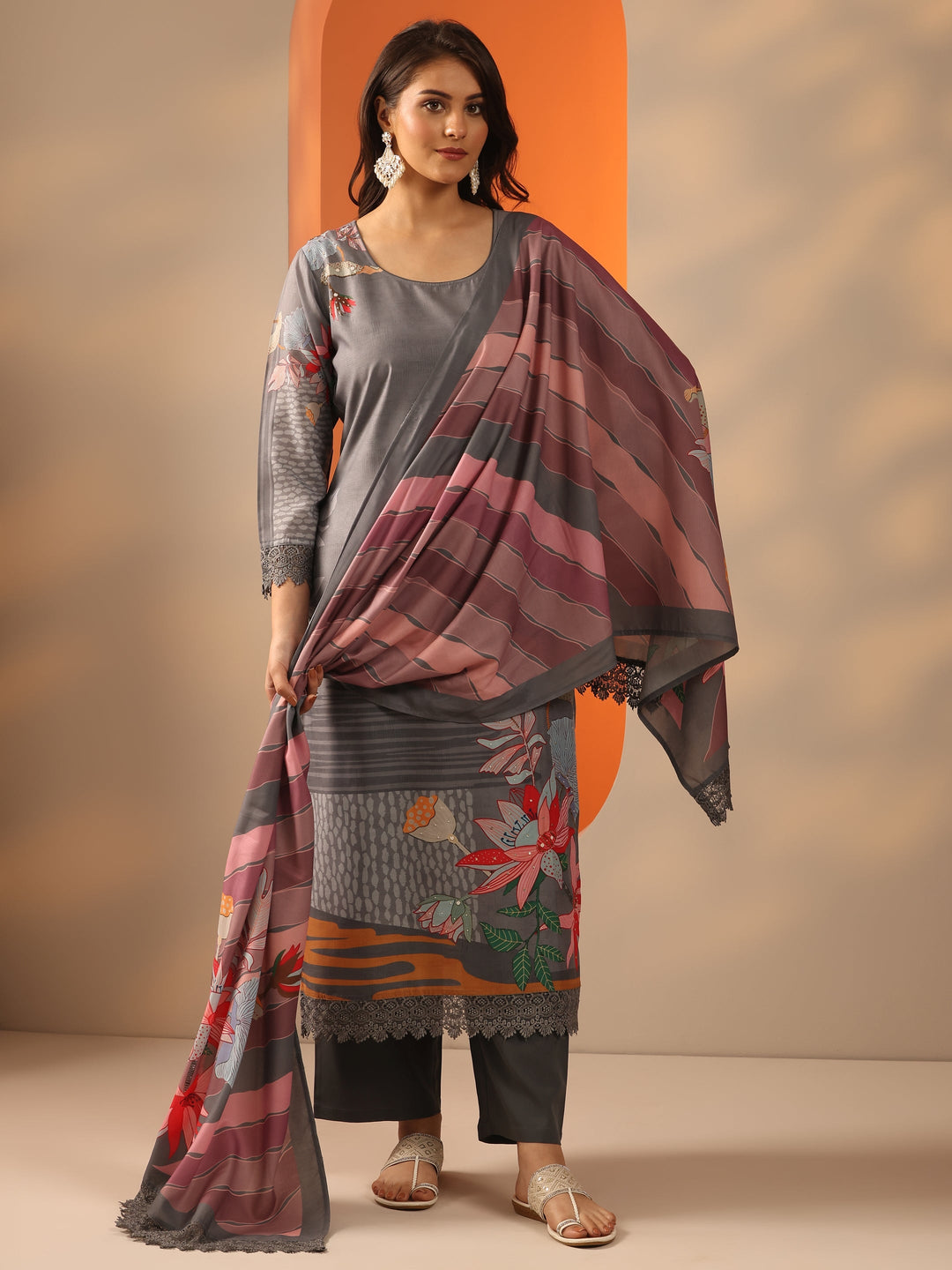  Grey Embroidered Crepe Straight Suit Set With Dupatta 