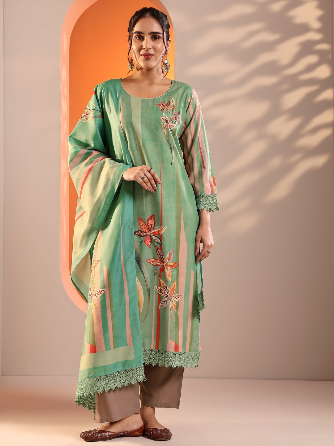  Green Abstract Printed Crepe Straight Suit Set With Dupatta 