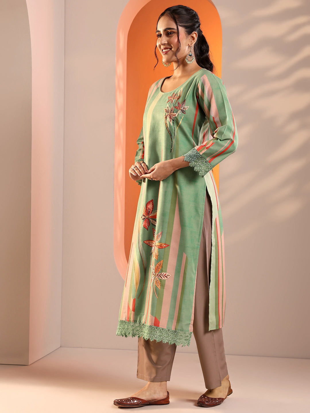  Green Abstract Printed Crepe Straight Suit Set With Dupatta 
