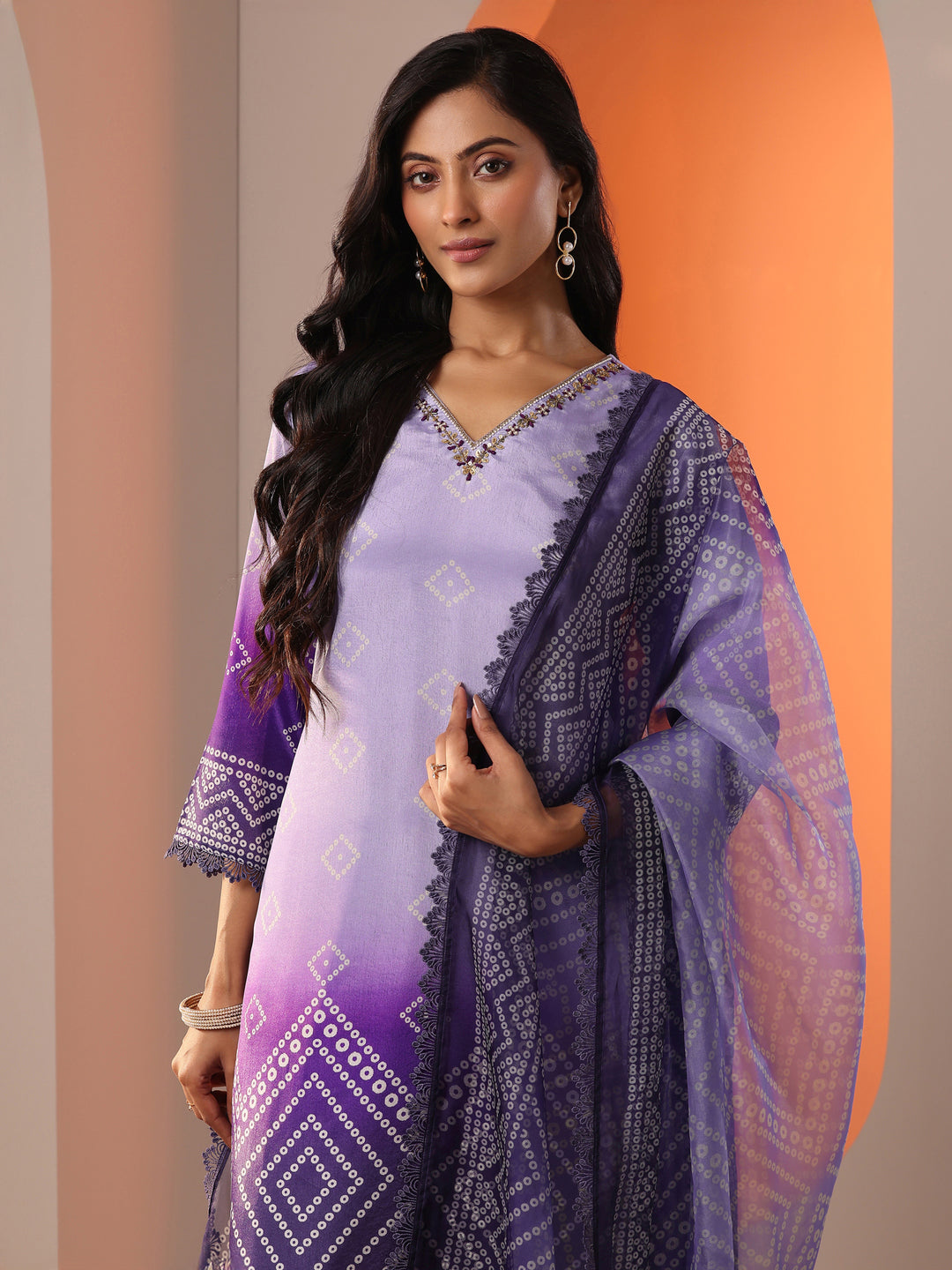  Lavender Printed Chinon Straight Suit Set With Dupatta 