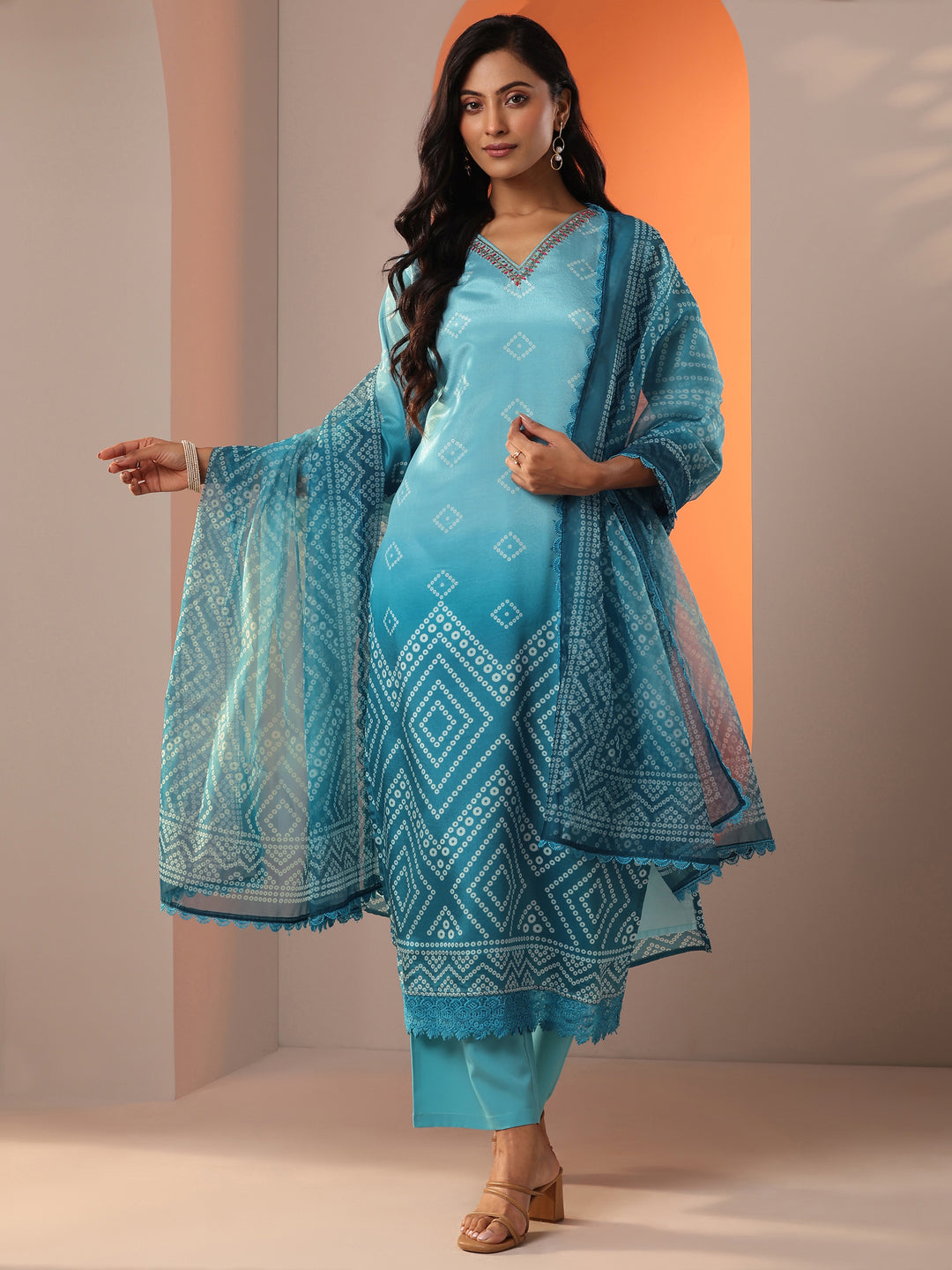  Blue Printed Chinon Straight Suit Set With Dupatta 