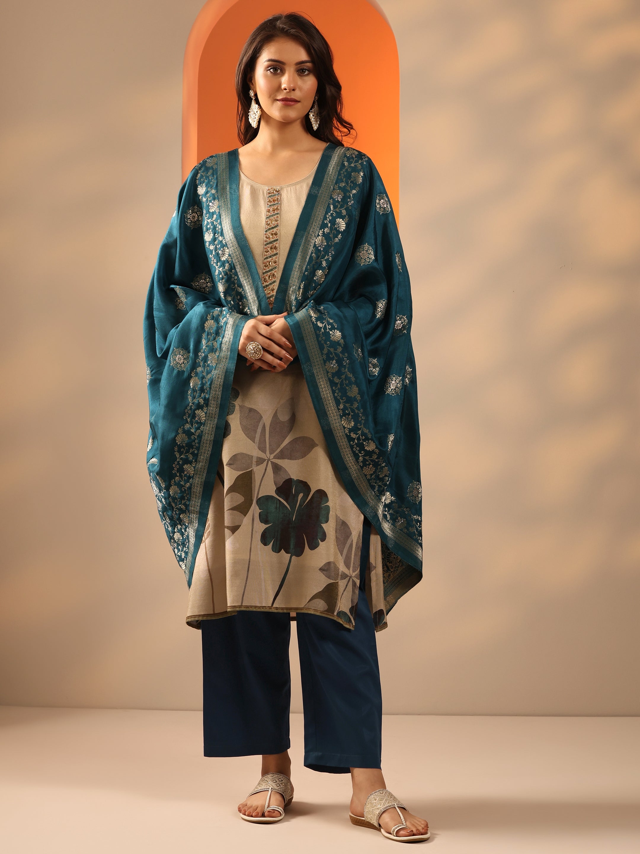 Beige Printed Silk Blend Straight Suit Set With Dupatta-image-32