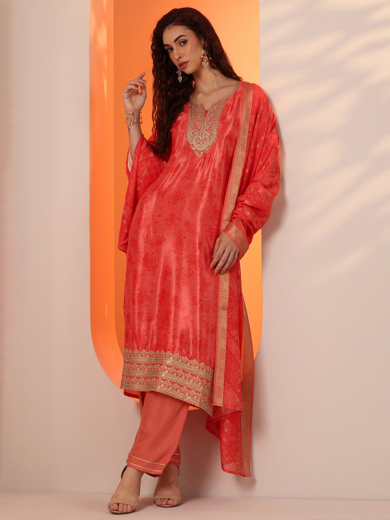 Libas Orange Embellished Chinon Straight Suit Set With Dupatta