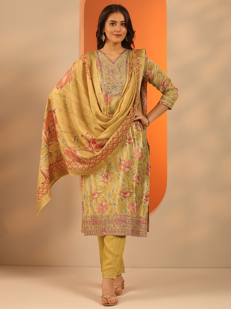 Libas Mustard Printed Chinon Straight Suit Set With Dupatta