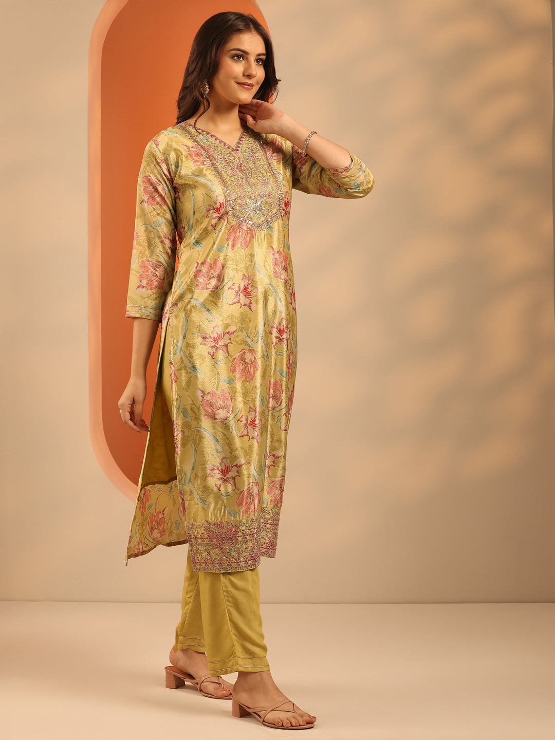  Mustard Printed Chinon Straight Suit Set With Dupatta 