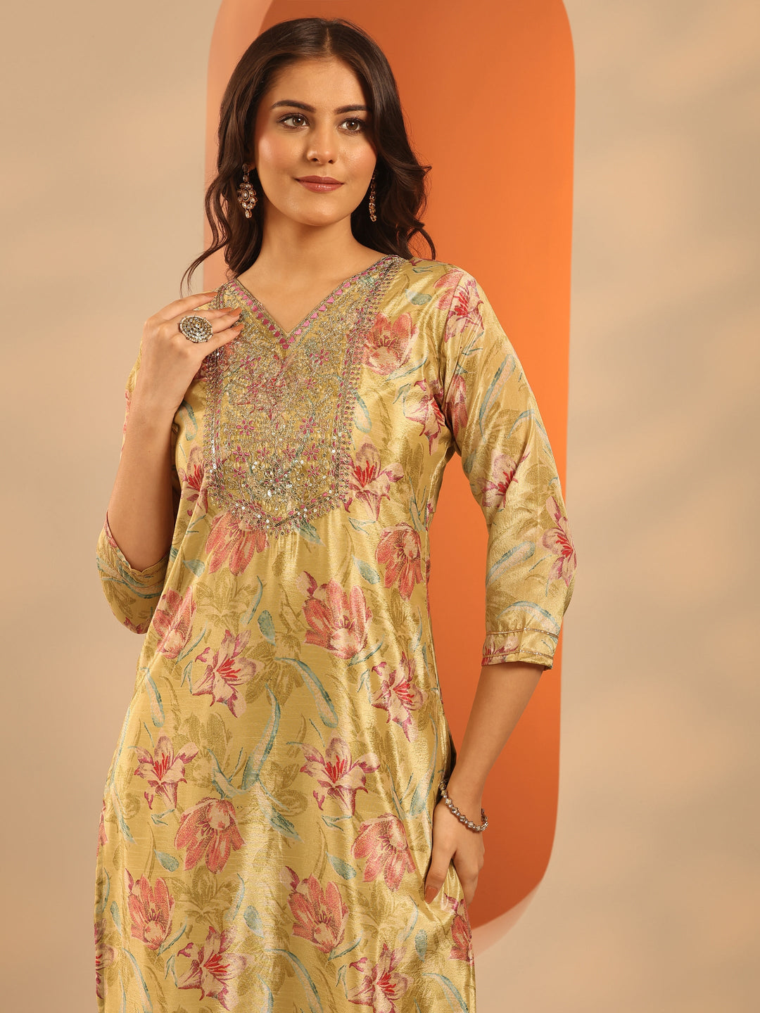 Mustard Printed Chinon Straight Suit Set With Dupatta 