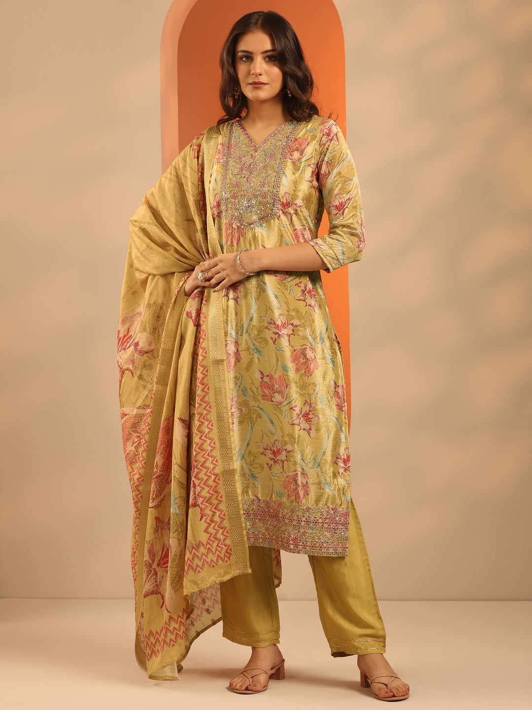  Mustard Printed Chinon Straight Suit Set With Dupatta 