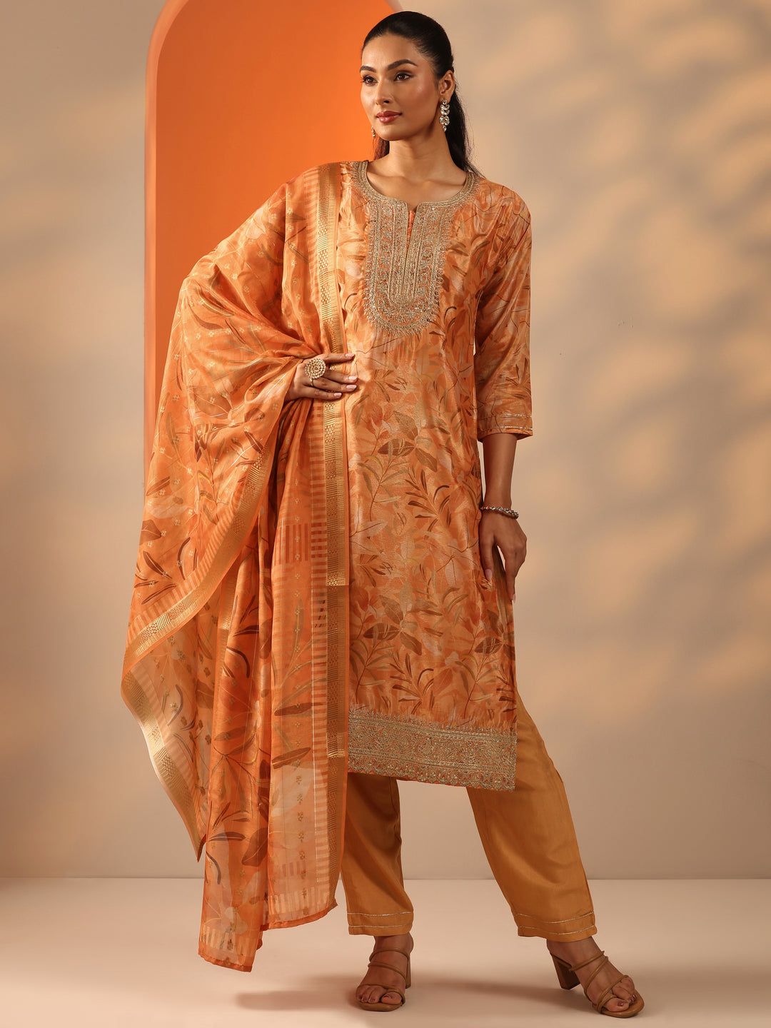  Orange Printed Chinon Straight Suit Set With Dupatta 