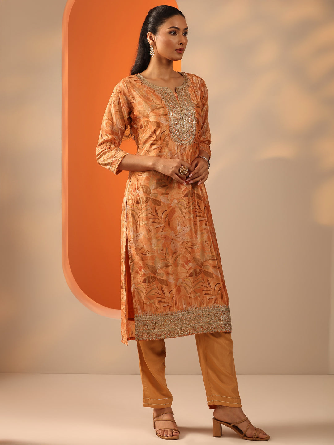  Orange Printed Chinon Straight Suit Set With Dupatta 