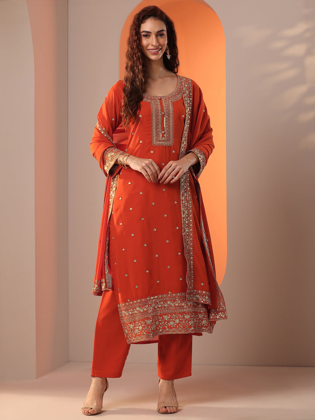  Orange Embellished Georgette Straight Suit Set With Dupatta 