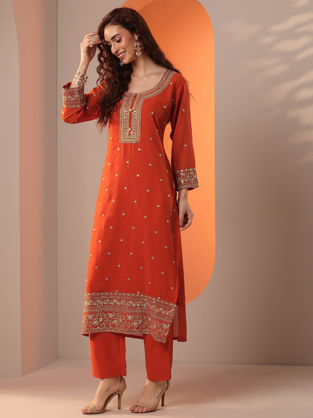  Orange Embellished Georgette Straight Suit Set With Dupatta 