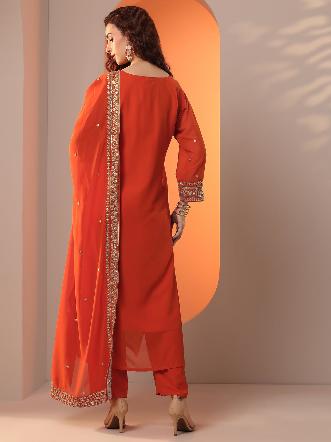  Orange Embellished Georgette Straight Suit Set With Dupatta 