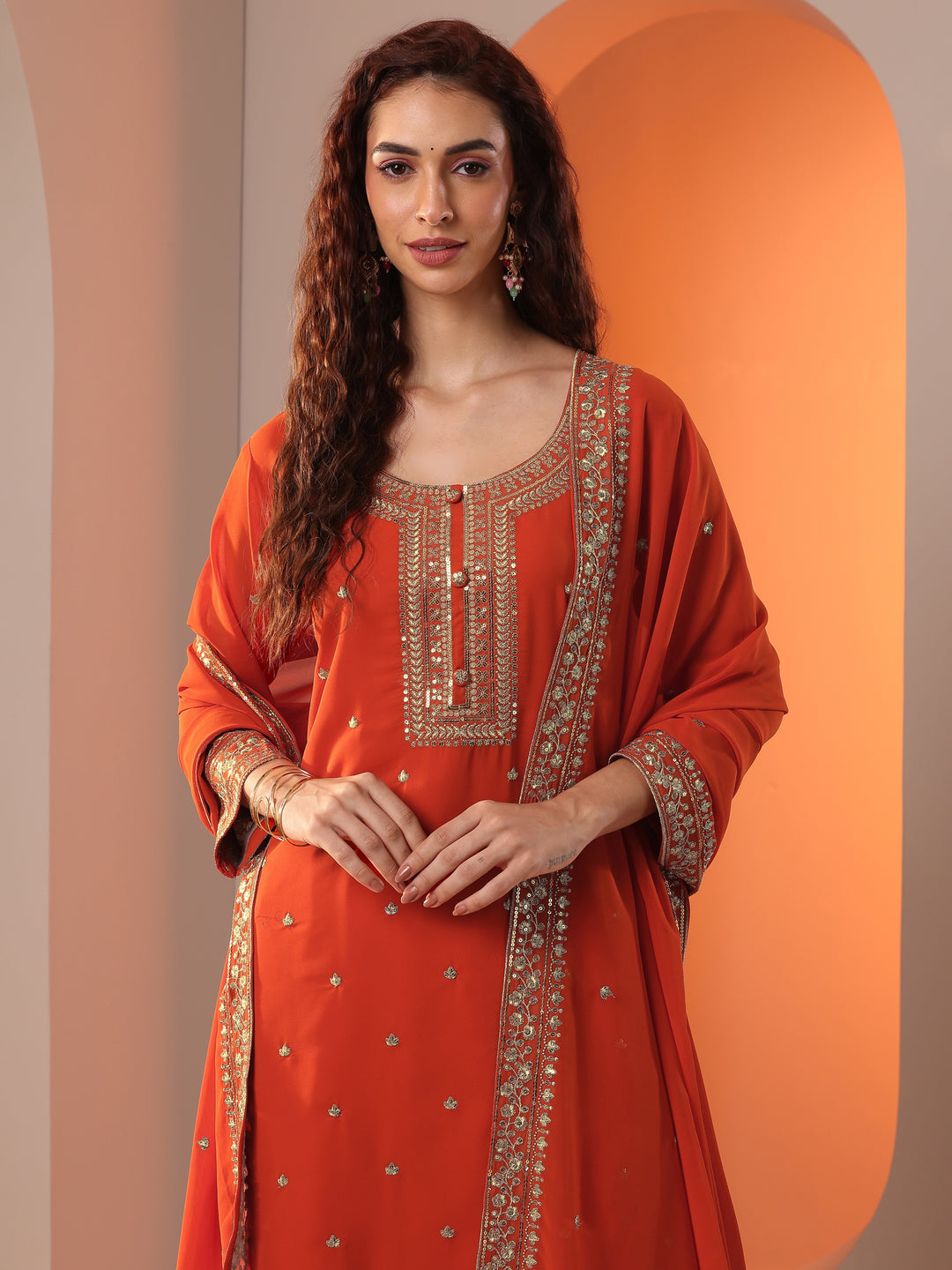  Orange Embellished Georgette Straight Suit Set With Dupatta 