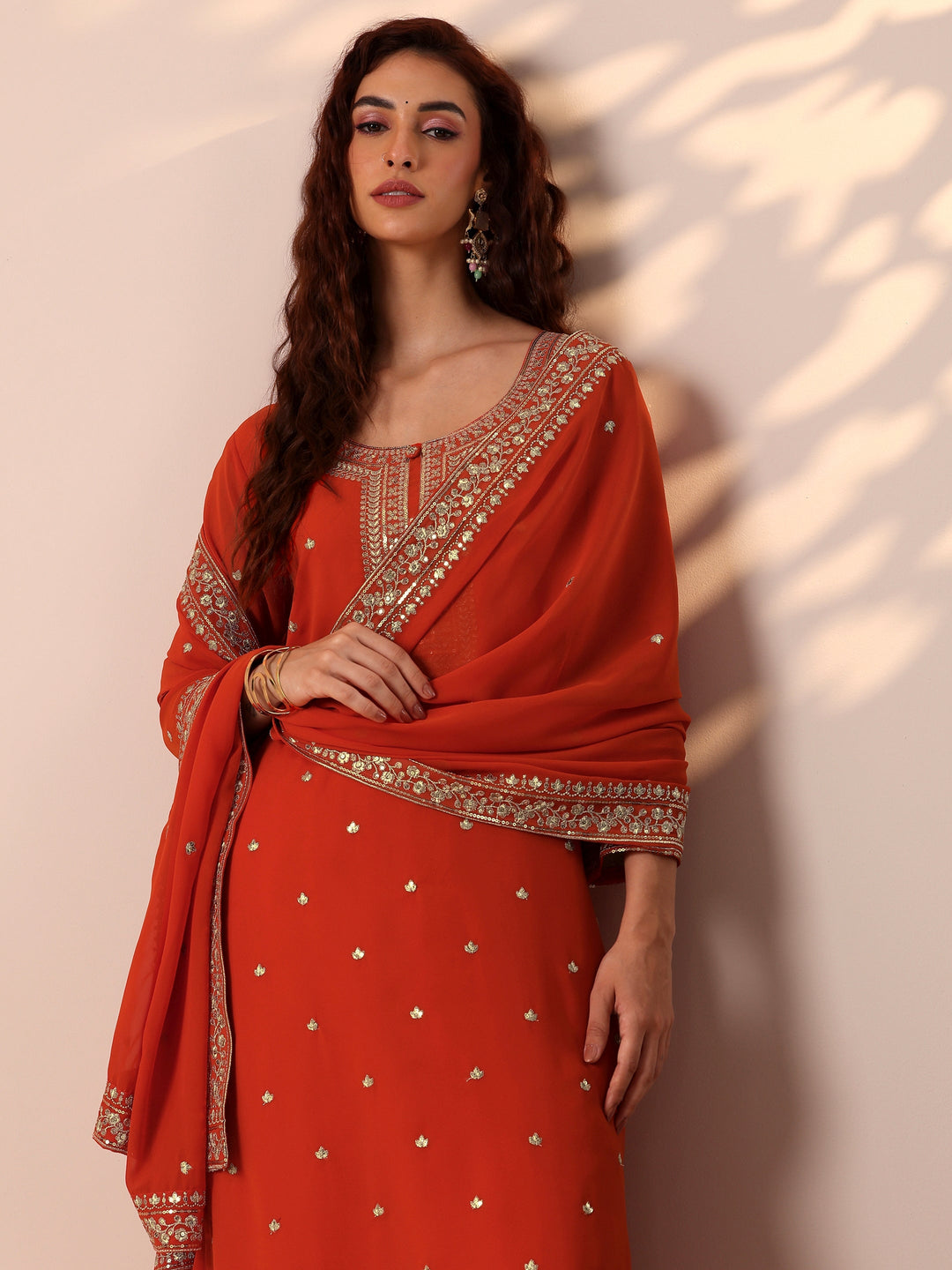  Orange Embellished Georgette Straight Suit Set With Dupatta 