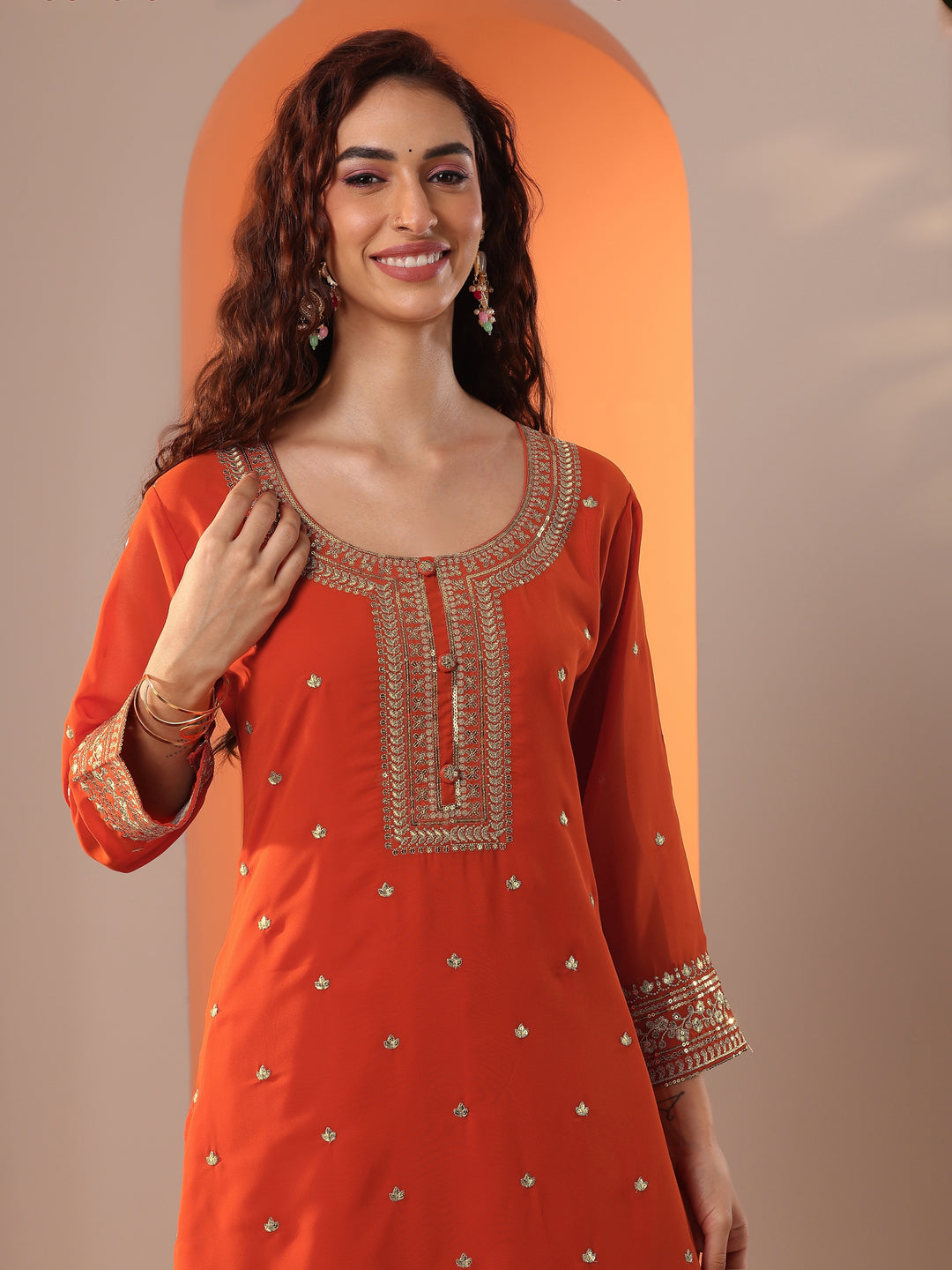 Orange Embellished Georgette Straight Suit Set With Dupatta 