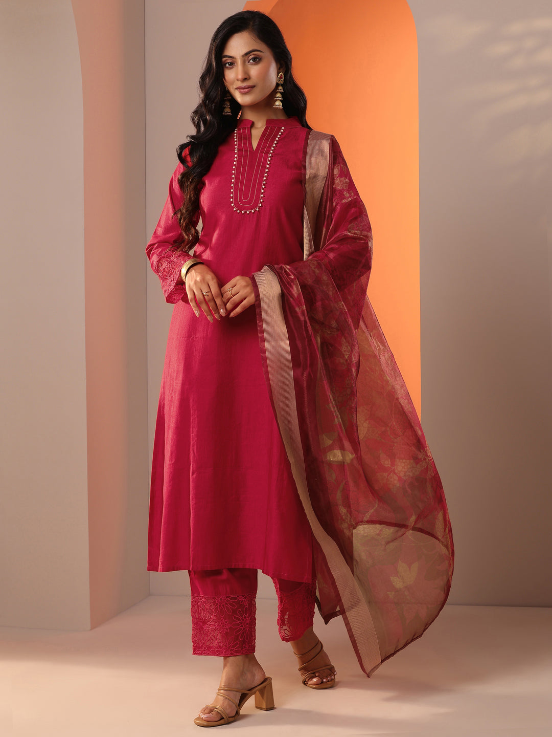  Red Woven Design Silk Blend Straight Suit Set With Dupatta 