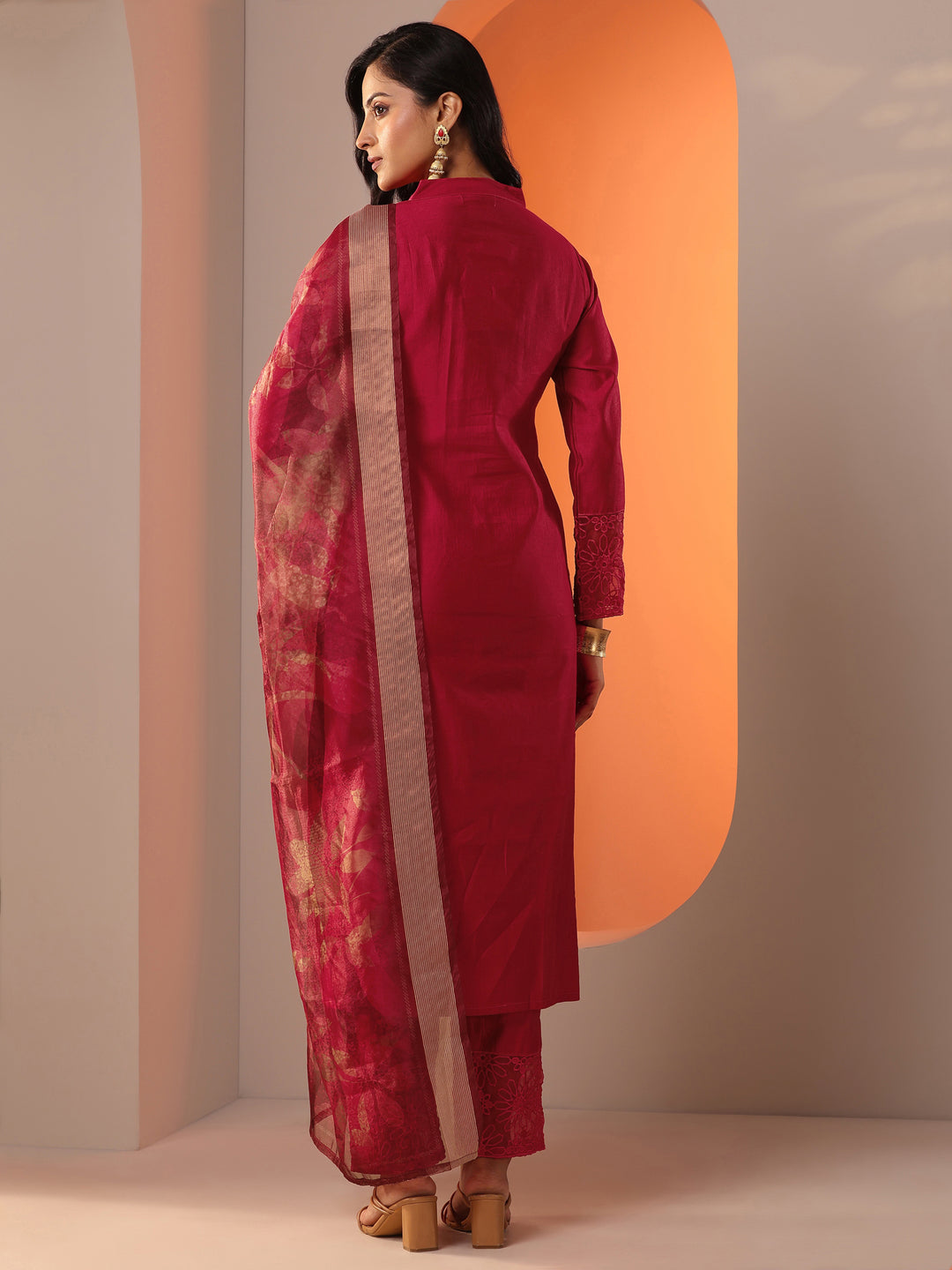  Red Woven Design Silk Blend Straight Suit Set With Dupatta 