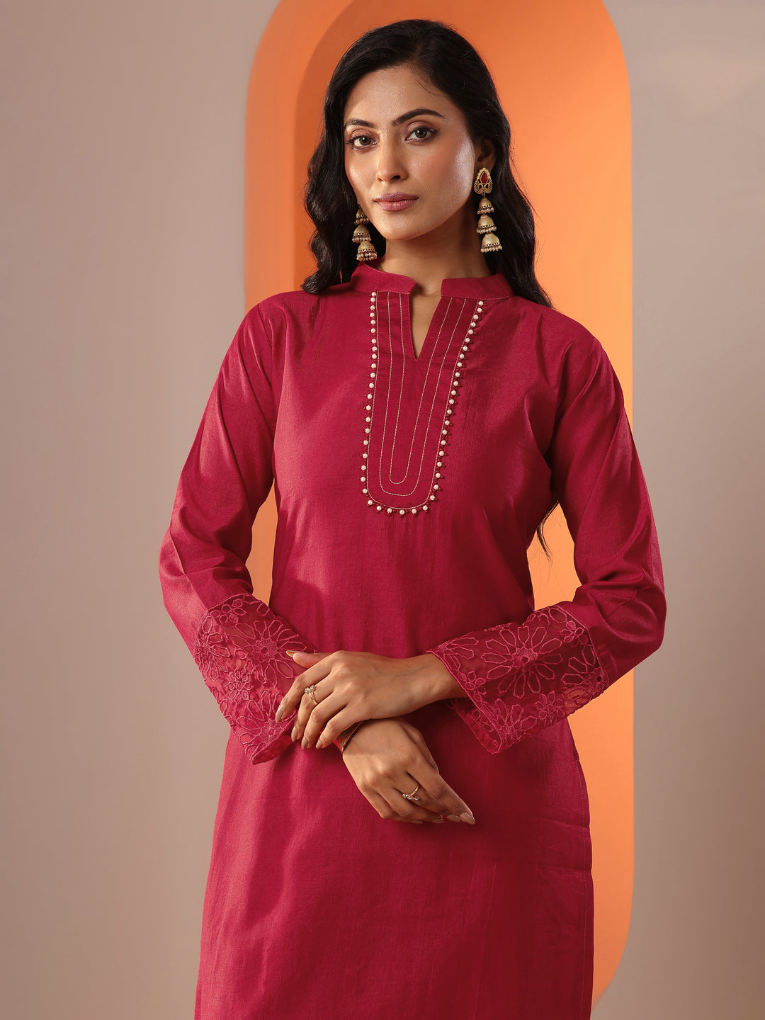  Red Woven Design Silk Blend Straight Suit Set With Dupatta 