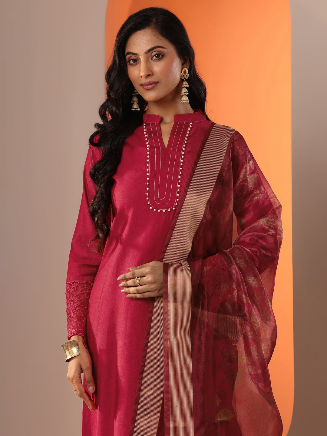  Red Woven Design Silk Blend Straight Suit Set With Dupatta 