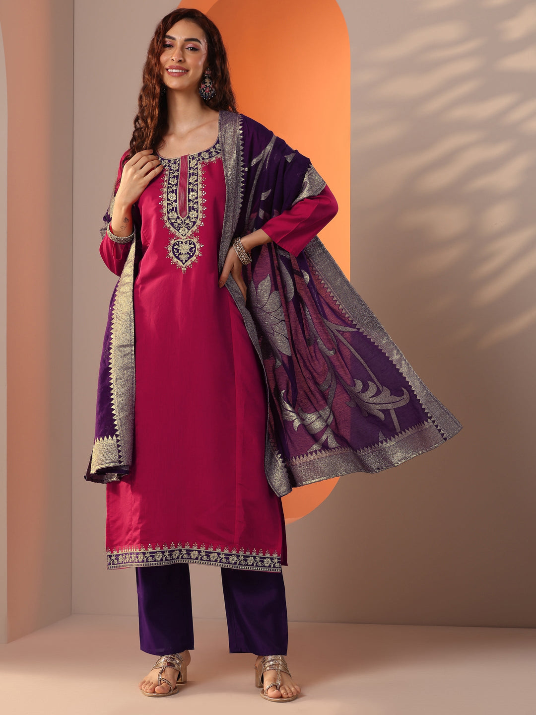  Pink Embroidered Silk Blend Straight Suit Set With Dupatta 
