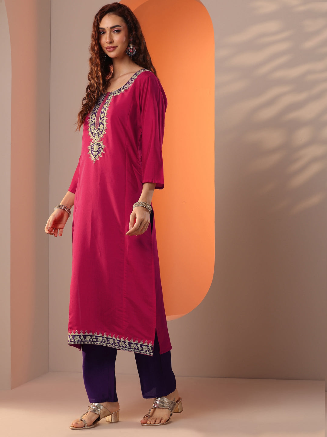  Pink Embroidered Silk Blend Straight Suit Set With Dupatta 