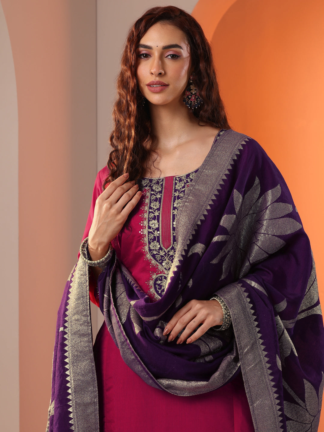  Pink Embroidered Silk Blend Straight Suit Set With Dupatta 