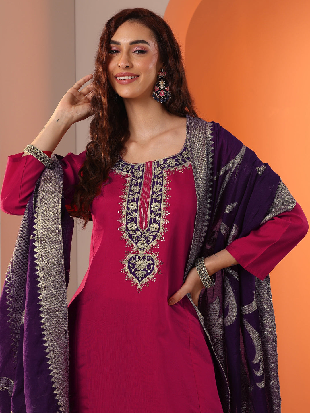  Pink Embroidered Silk Blend Straight Suit Set With Dupatta 
