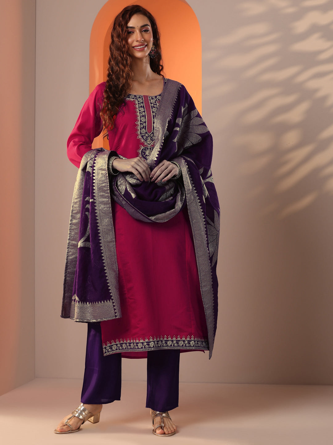 Pink Embroidered Silk Blend Straight Suit Set With Dupatta 