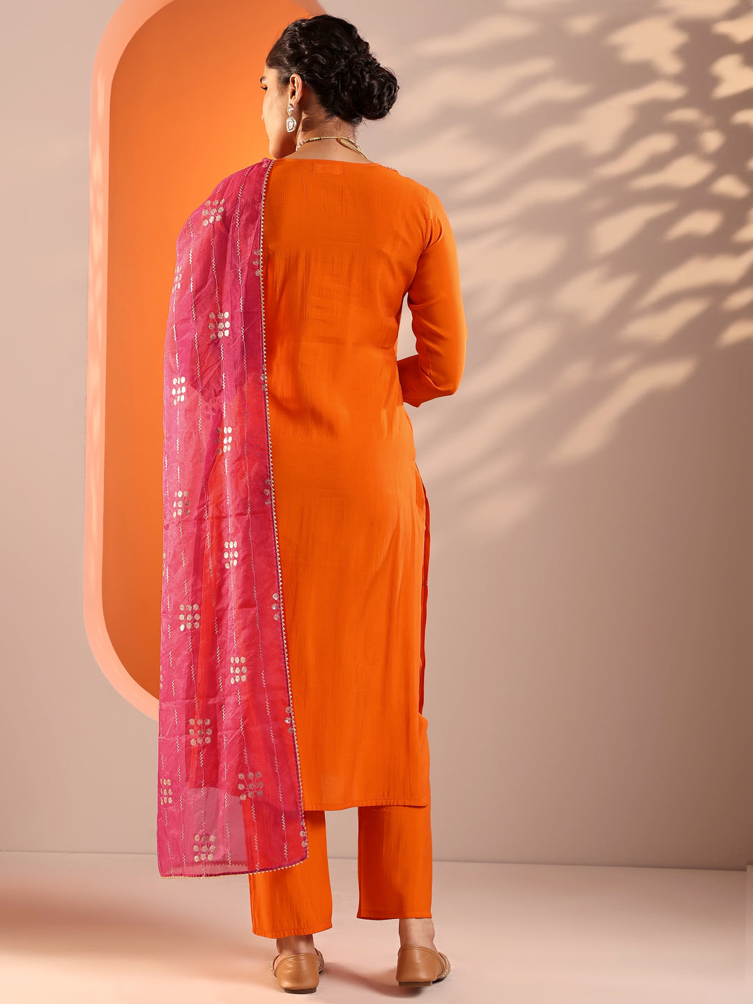  Orange Embellished Silk Blend Straight Suit Set With Dupatta 