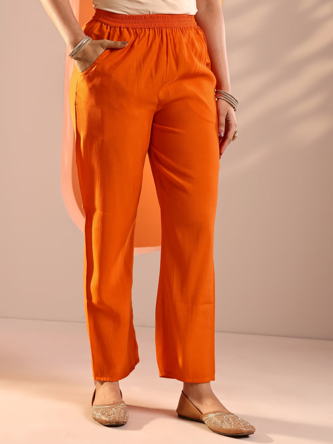  Orange Embellished Silk Blend Straight Suit Set With Dupatta 