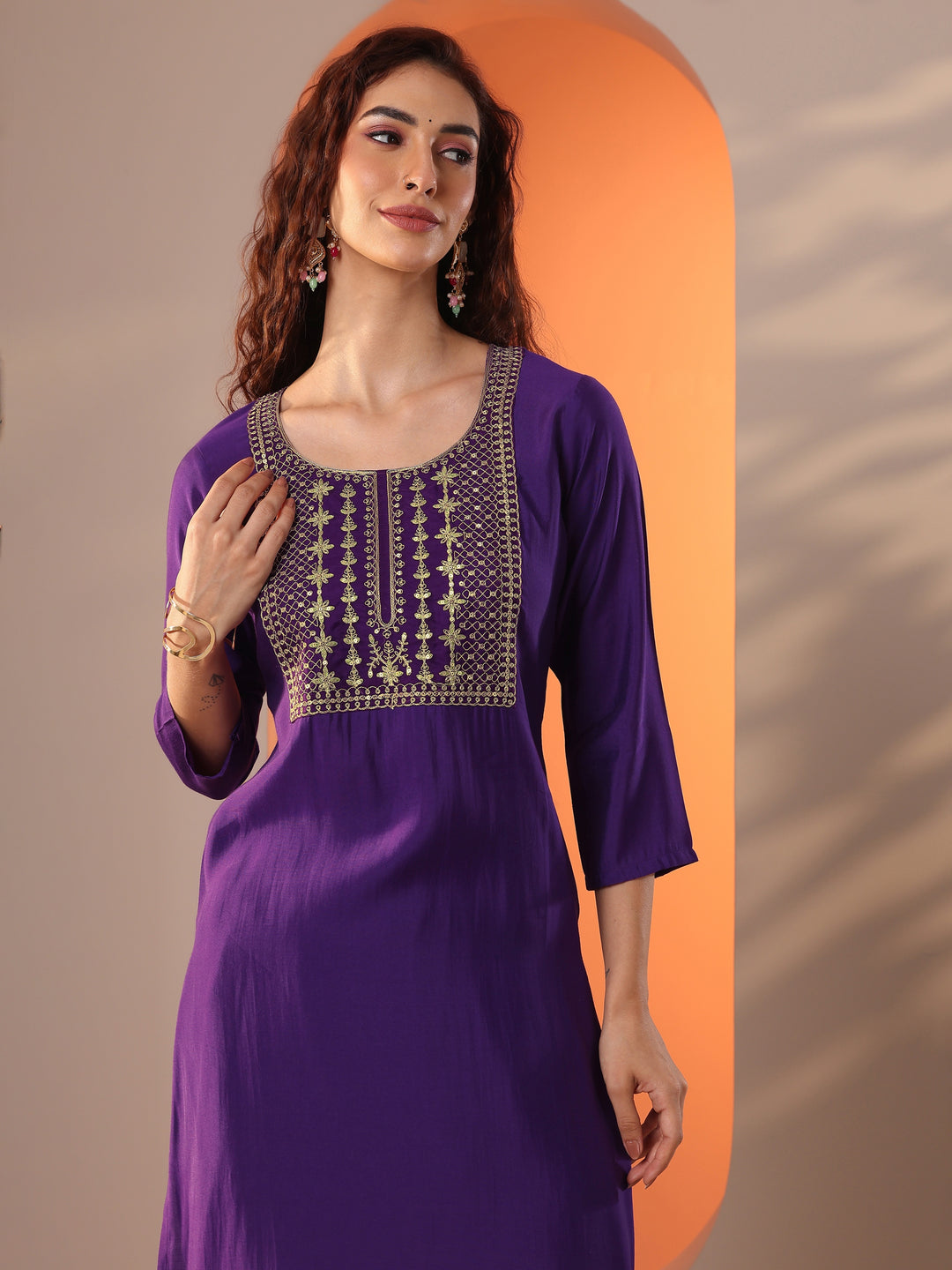  Purple Embellished Silk Blend Straight Suit Set With Dupatta 