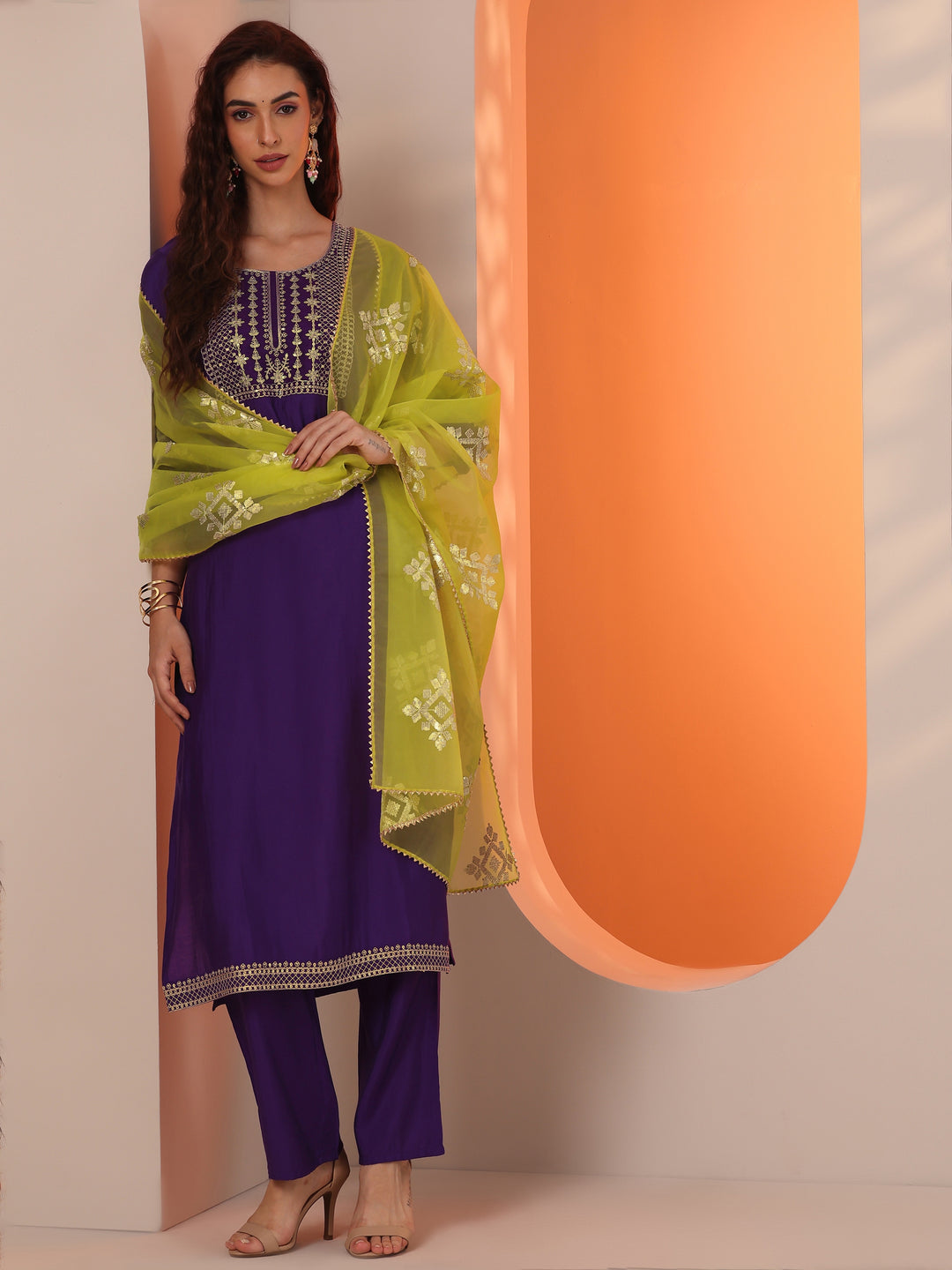 Purple Embellished Silk Blend Straight Suit Set With Dupatta