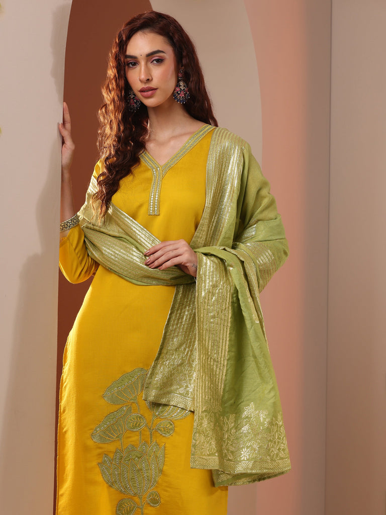 Libas Mustard Embroidered Silk Blend Straight Suit Set With Dupatta