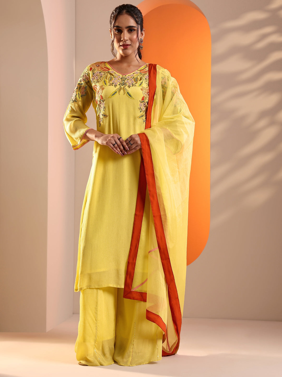  Yellow Embroidered Chinon Straight Suit Set With Dupatta 